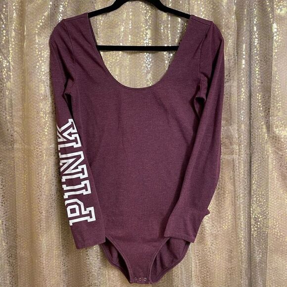 PINK Victorias Secret Maroon white Logo Long Sleeve Bodysuit, Medium - Picture 1 of 4